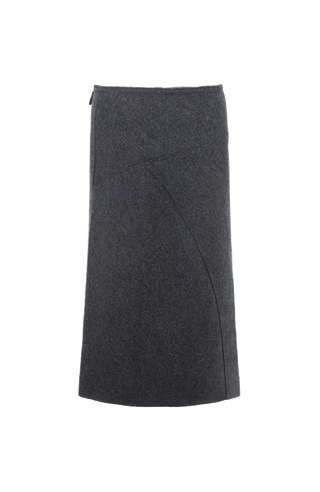 Knielanger Damen-Walkrock Modell Zita in grau Rueckansicht – eleganter Wollrock mit klassischem Schnitt, ideal für Herbst und Winter.