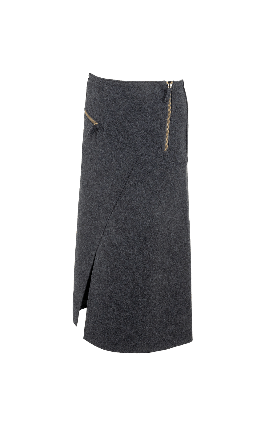 Knielanger Damen-Walkrock Modell Zita in grau Seitenansicht – eleganter Wollrock mit klassischem Schnitt, ideal für Herbst und Winter.