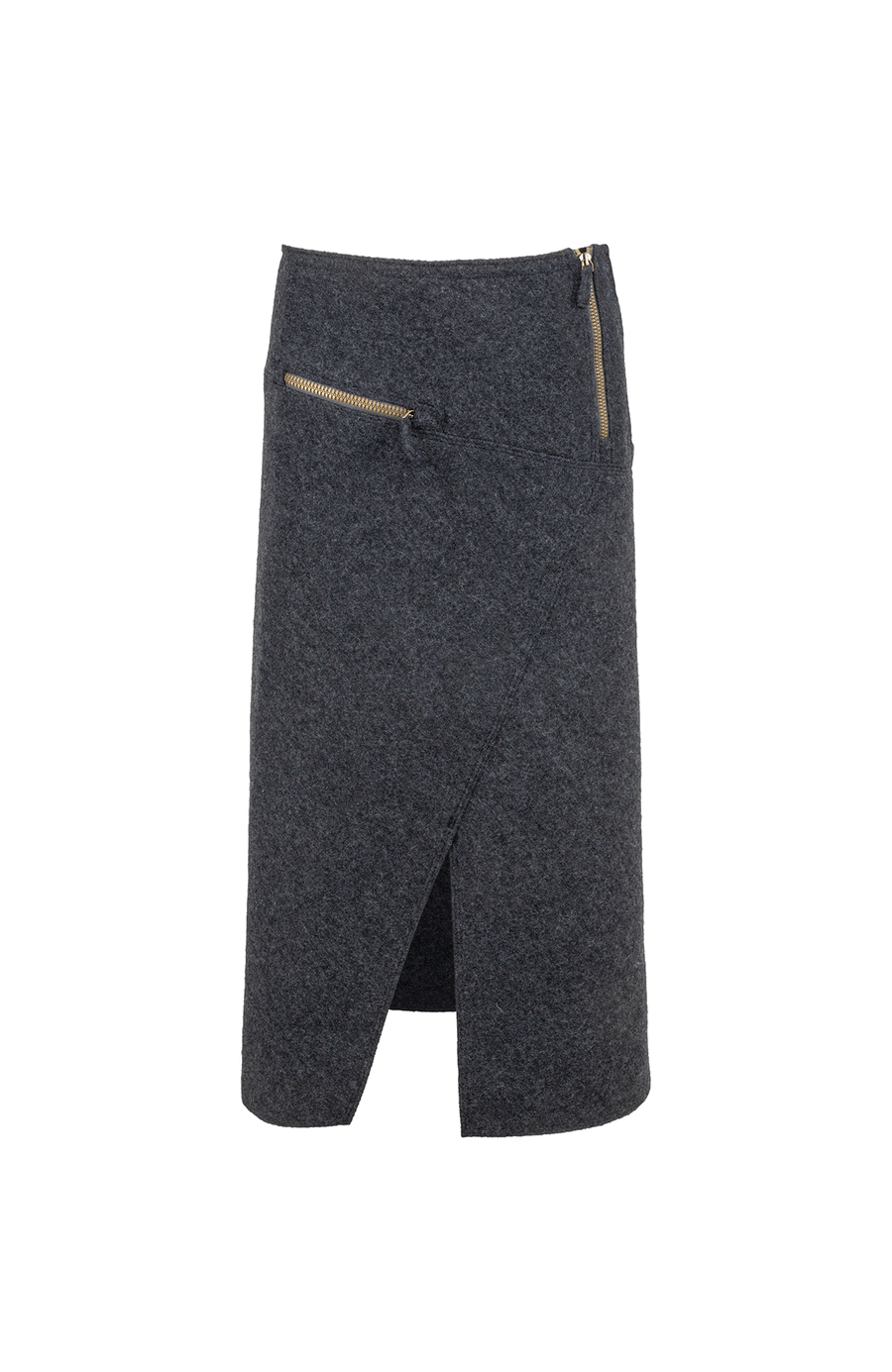 Knielanger Damen-Walkrock Modell Zita in grau Vorderansicht – eleganter Wollrock mit klassischem Schnitt, ideal für Herbst und Winter.