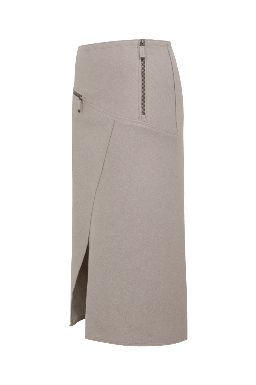 Knielanger Damen-Walkrock Modell Zita in cashmere Seitenansicht– eleganter Wollrock mit klassischem Schnitt, ideal für Herbst und Winter.