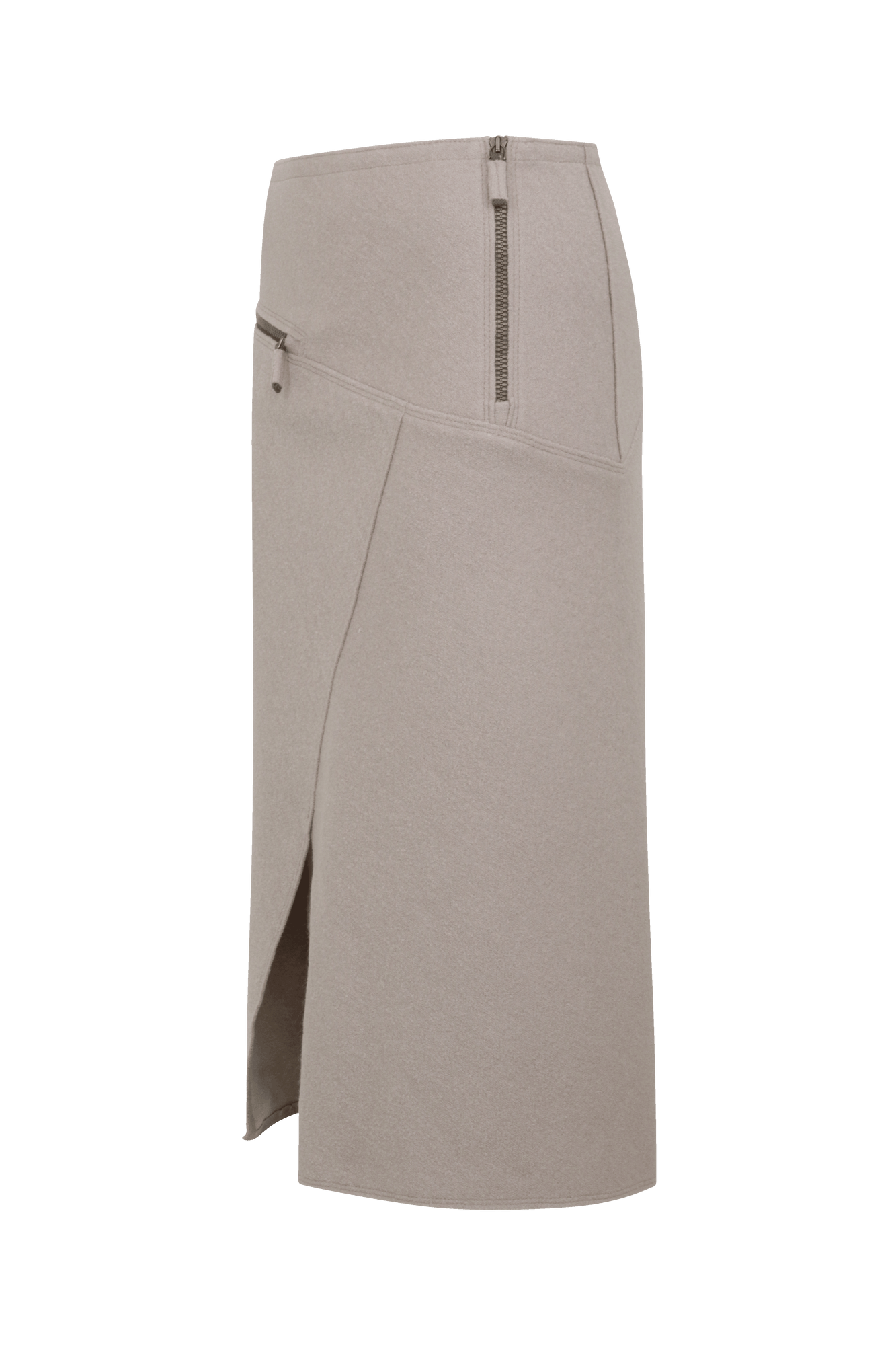 Knielanger Damen-Walkrock Modell Zita in cashmere Seitenansicht– eleganter Wollrock mit klassischem Schnitt, ideal für Herbst und Winter.