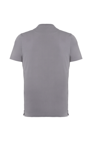 Rückansicht des Herren-Kurzarmshirts mit Rundhalsausschnitt in Hellgrau (Farbe 252-0 Cement), Modell EMIL-SJ (Artikel 271606) von Frauenschuh – schlichtes, klassisches Shirt aus hochwertigem, weichem Material, gefertigt in Österreich, ideal für Alltag und Freizeit