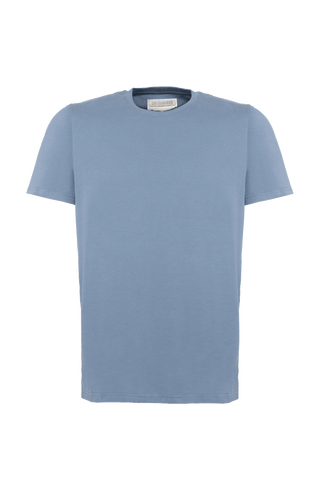 Vorderansicht des Herren-Kurzarmshirts mit Rundhalsausschnitt in Hellblau (Farbe 209-0 Denim), Modell EMIL-SJ (Artikel 271606) von Frauenschuh – klassisches T-Shirt aus weichem, hochwertigem Material, perfekt für den Alltag und Freizeit, gefertigt in Österreich