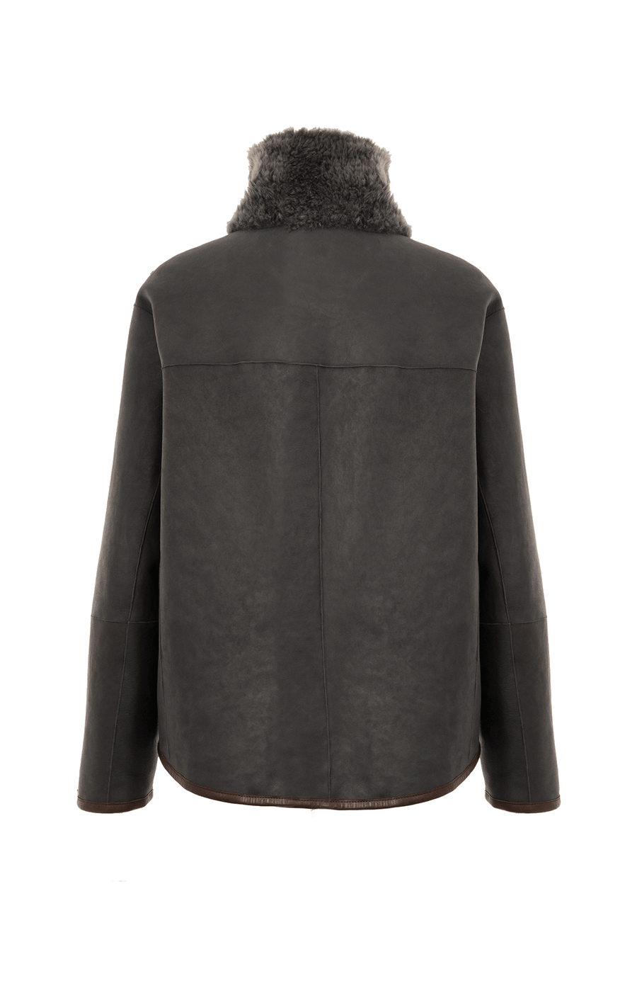 Damen Lammfellcape Modell Dolli in der Farbe Elefant, Rueckansicht– edles Cape aus weichem Lammfell mit fließendem Schnitt, stilvoll und wärmend für die kalte Jahreszeit.“