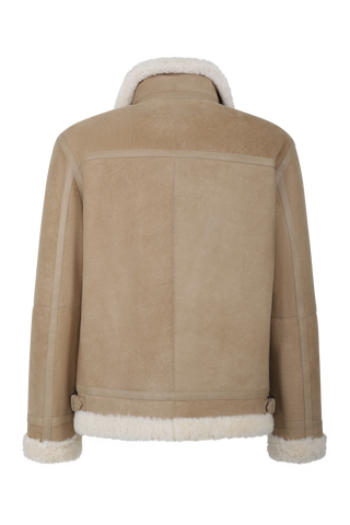 Lammfelljacke im Bikerstil für Herren, Modell 583694 Luis-MV, Farbe 490 Camel, Rueckansicht– zeigt markantes Design mit markantem Reißverschluss, edlem Lammfell und klassischem Biker-Look.