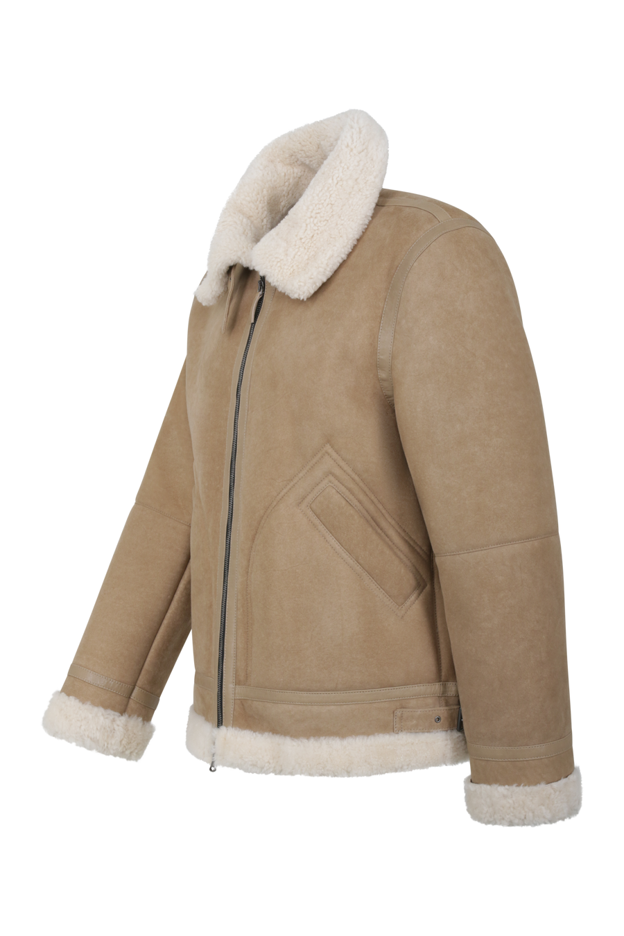 Lammfelljacke im Bikerstil für Herren, Modell 583694 Luis-MV, Farbe 490 Camel, seitenansicht– zeigt markantes Design mit markantem Reißverschluss, edlem Lammfell und klassischem Biker-Look.