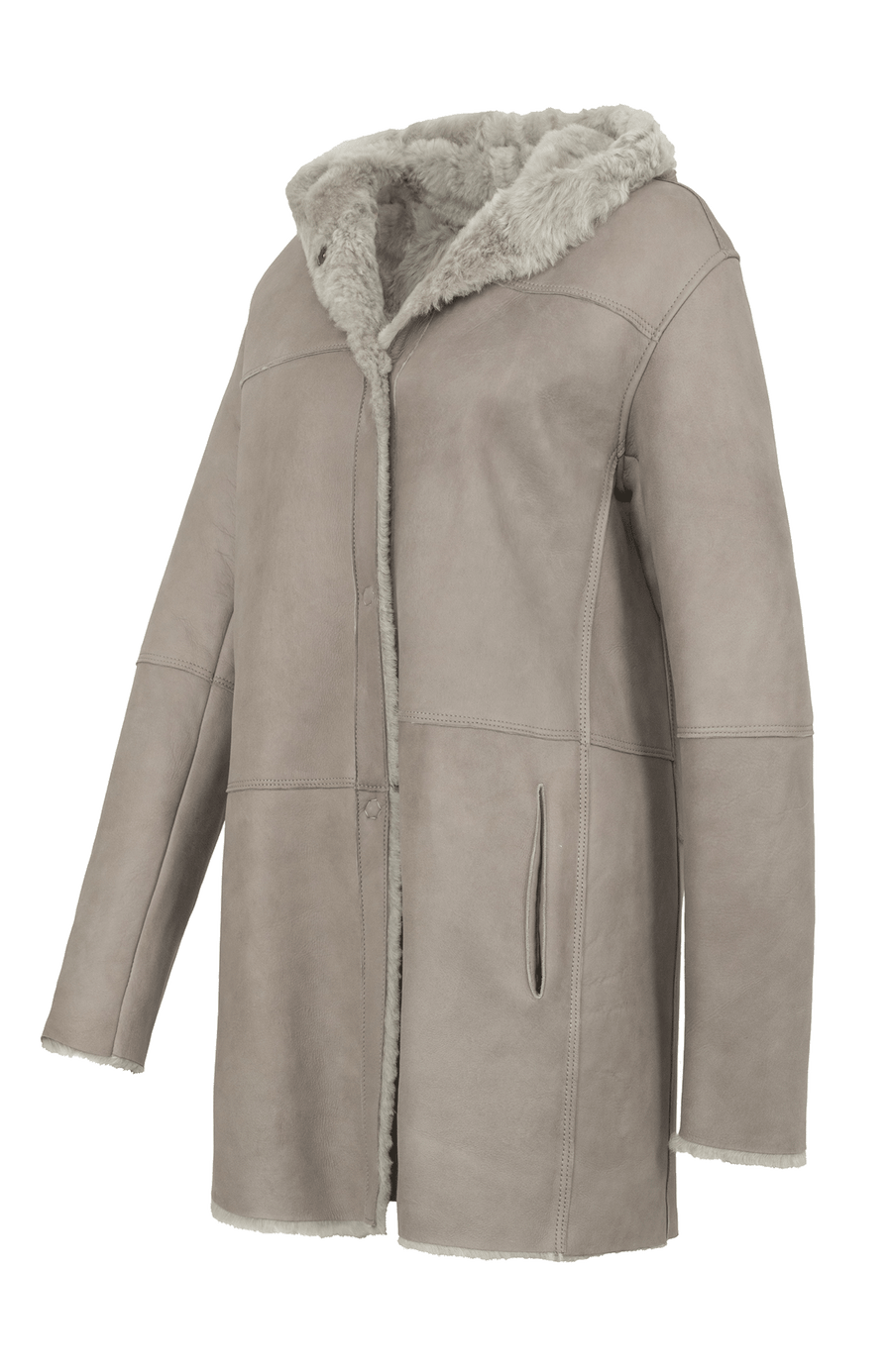 „Damen Lammfellmantel mit Kapuze von Frauenschuh, Modell Olivera in der Farbe Savanna, Seitenansicht – luxuriöser Wintermantel aus hochwertigem Lammfell für stilvolle Wärme.