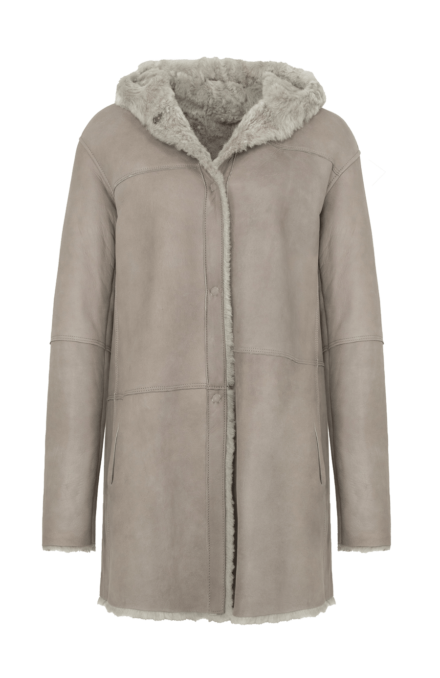 „Damen Lammfellmantel mit Kapuze von Frauenschuh, Modell Olivera in der Farbe Savanna, Vorderansicht – luxuriöser Wintermantel aus hochwertigem Lammfell für stilvolle Wärme.