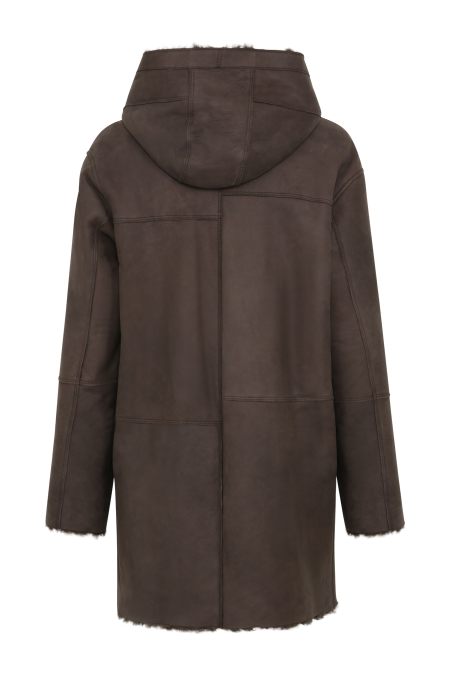 Damen Lammfellmantel mit Kapuze von Frauenschuh, Modell Olivera in der Farbe dunkelbraun Rueckansicht– luxuriöser Wintermantel aus hochwertigem Lammfell für stilvolle Wärme.
