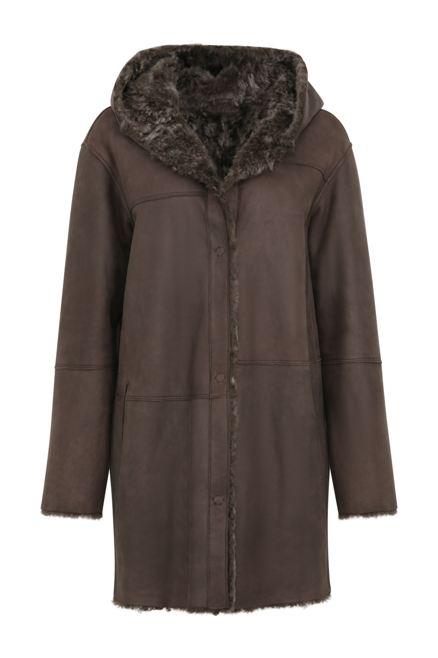 Damen Lammfellmantel mit Kapuze von Frauenschuh, Modell Olivera in der Farbe dunkelbraun Vorderansicht– luxuriöser Wintermantel aus hochwertigem Lammfell für stilvolle Wärme.
