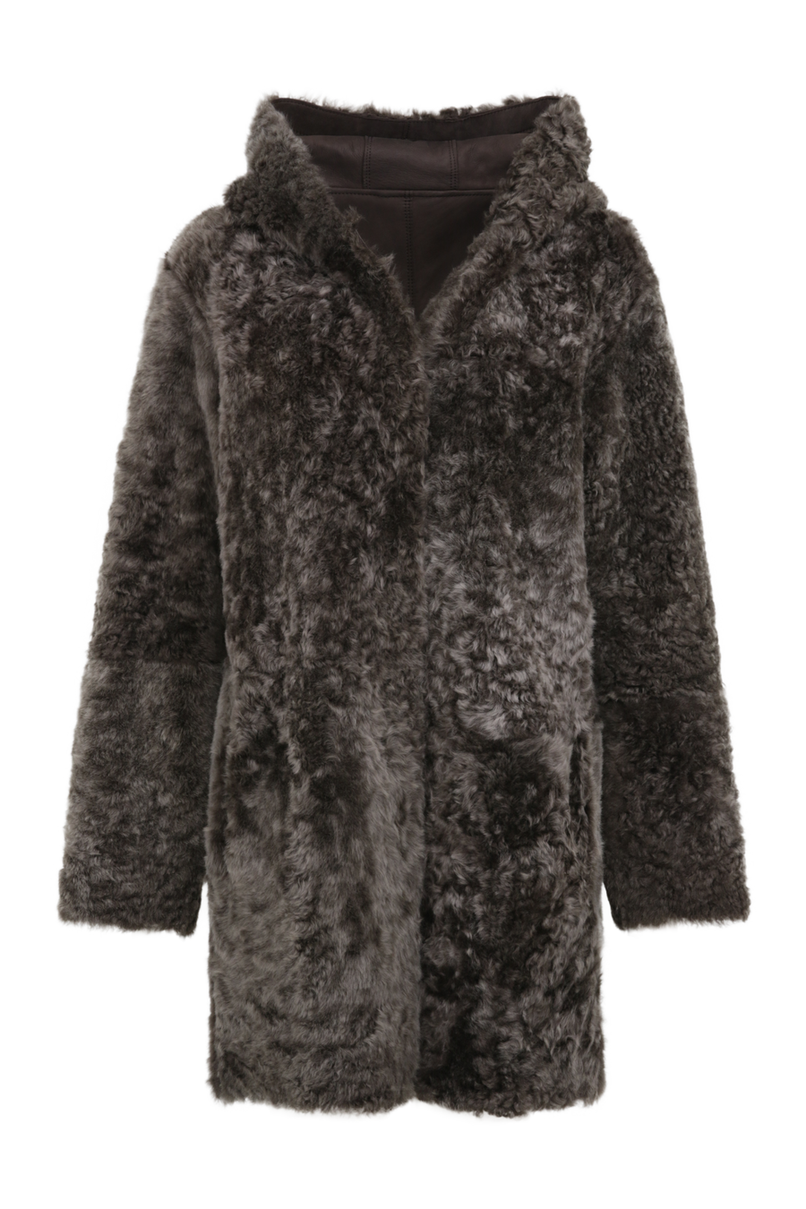 Damen Lammfellmantel mit Kapuze von Frauenschuh, Modell Olivera in der Farbe dunkelbraun Vorderansicht Fell– luxuriöser Wintermantel aus hochwertigem Lammfell für stilvolle Wärme.