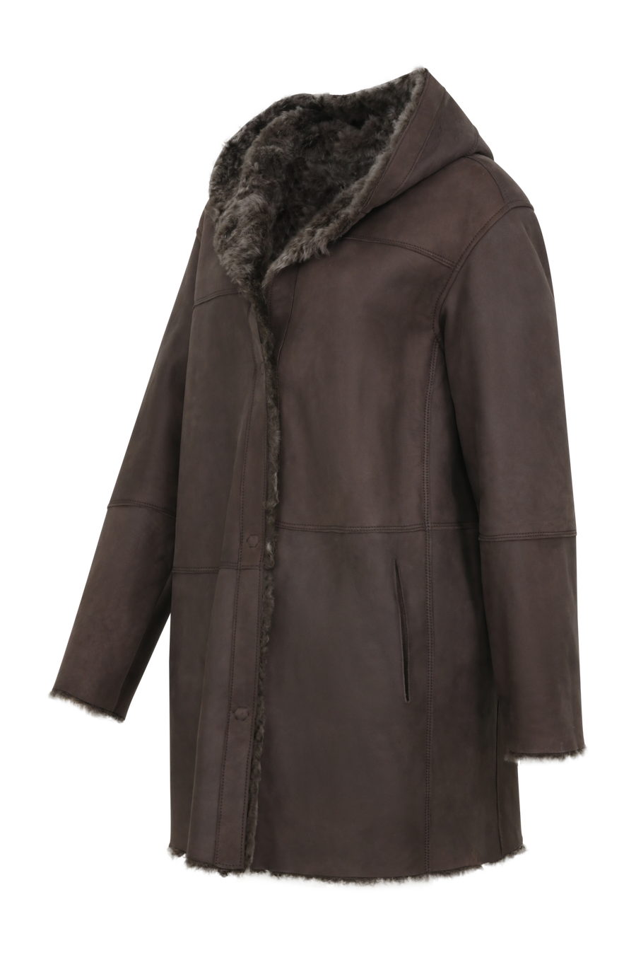 Damen Lammfellmantel mit Kapuze von Frauenschuh, Modell Olivera in der Farbe dunkelbraun Seitenansicht– luxuriöser Wintermantel aus hochwertigem Lammfell für stilvolle Wärme.