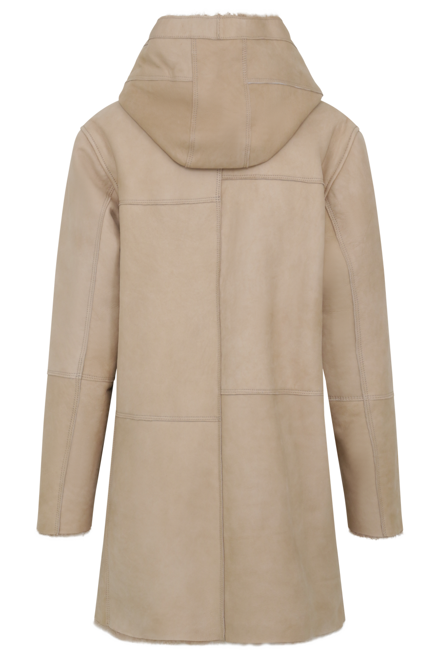 Damen Lammfellmantel mit Kapuze von Frauenschuh, Modell Olivera in der Farbe sesam, Rueckansicht – luxuriöser Wintermantel aus hochwertigem Lammfell für stilvolle Wärme.