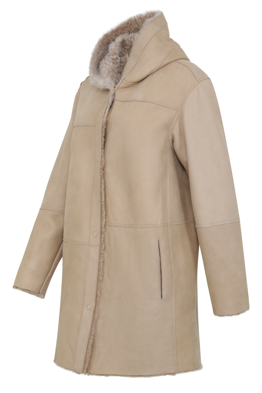 Damen Lammfellmantel mit Kapuze von Frauenschuh, Modell Olivera in der Farbe sesam, Seitenansicht – luxuriöser Wintermantel aus hochwertigem Lammfell für stilvolle Wärme.