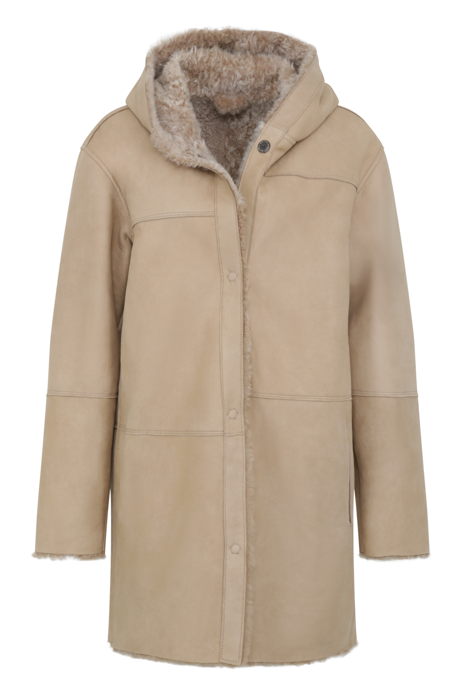 Damen Lammfellmantel mit Kapuze von Frauenschuh, Modell Olivera in der Farbe sesam, Vorderansicht – luxuriöser Wintermantel aus hochwertigem Lammfell für stilvolle Wärme.