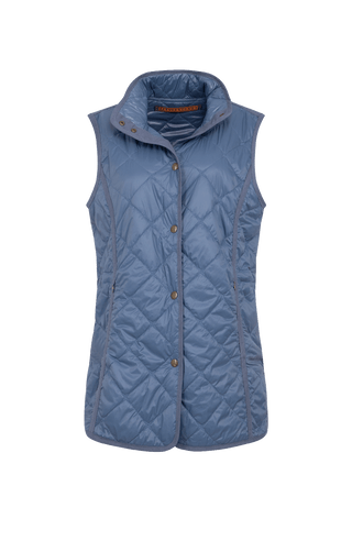 Lange Steppweste Kim-QL in Farbe  Denim, Vorderansicht, Damenweste aus nachhaltiger Mode aus Österreich