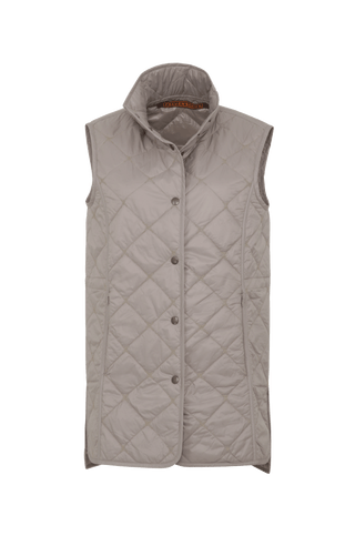 Lange Steppweste Kim-QL in Farbe 310 Cashmere, Vorderansicht, Damenweste aus nachhaltiger Mode aus Österreich