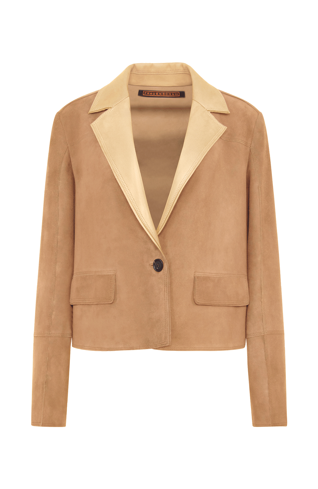 Kurzer Damen Lederblazer aus Veloursleder, Modell Lin-CV in honey (2690) –Vorderansicht