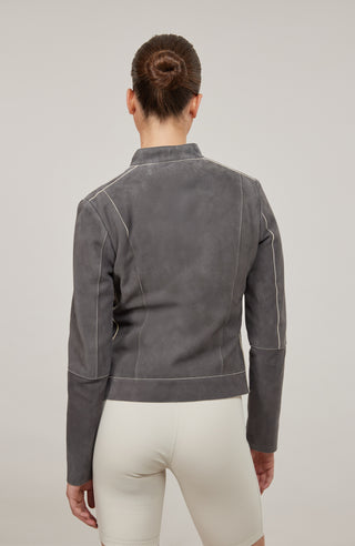 Damen Lederjacke Emma-EL Grau, Rueckansicht Model