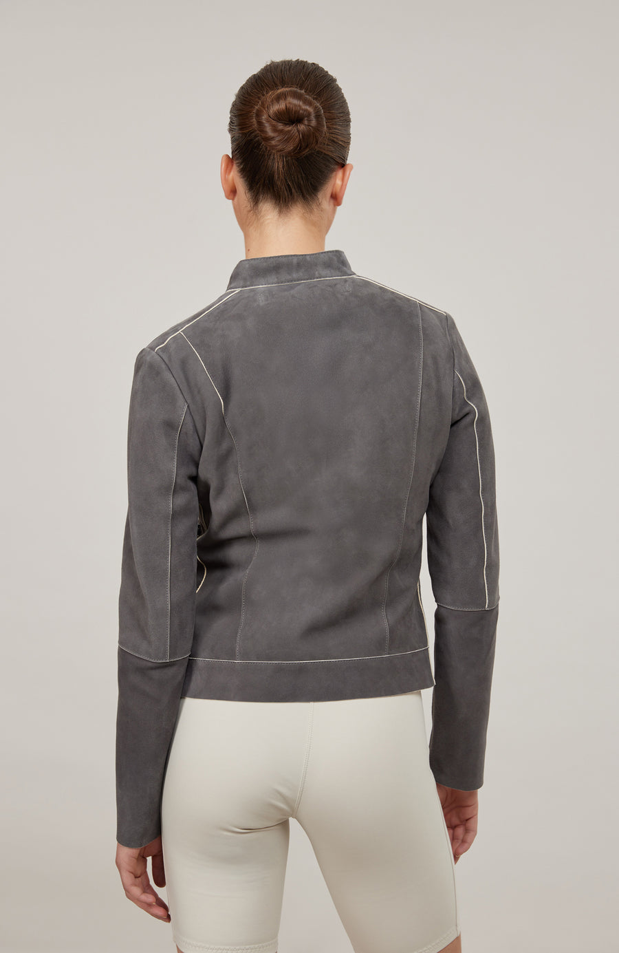 Damen Lederjacke Emma-EL Grau, Rueckansicht Model