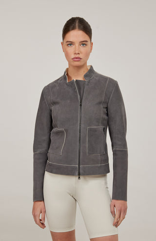 Damen Lederjacke Emma-EL Grau, Vorderansicht front Model