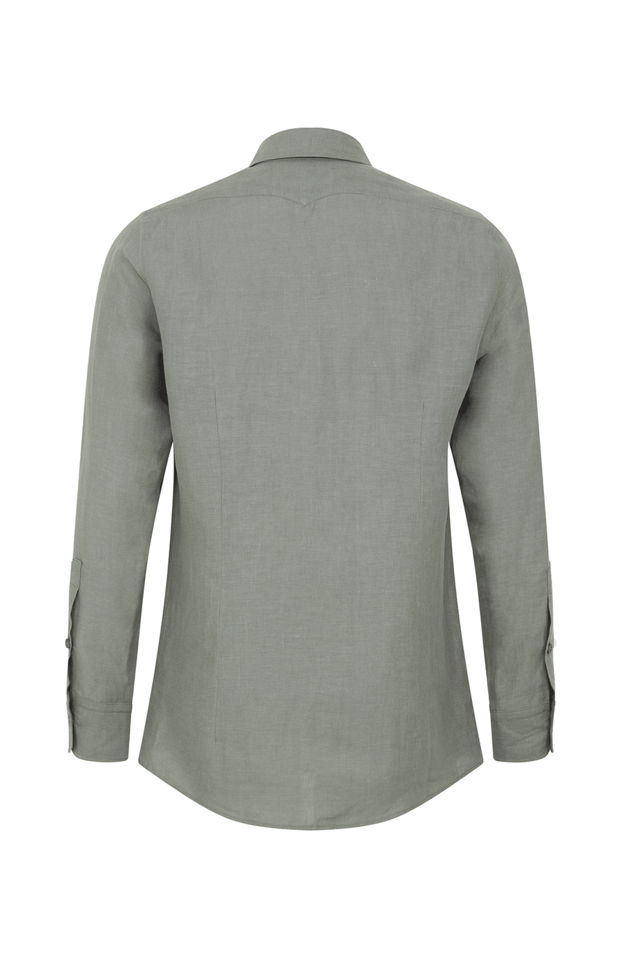 Leinenhemd für Herren, Modell Julian (Art. 643713) in Salbeigrün, Rueckansicht auf weißem Hintergrund fotografiert