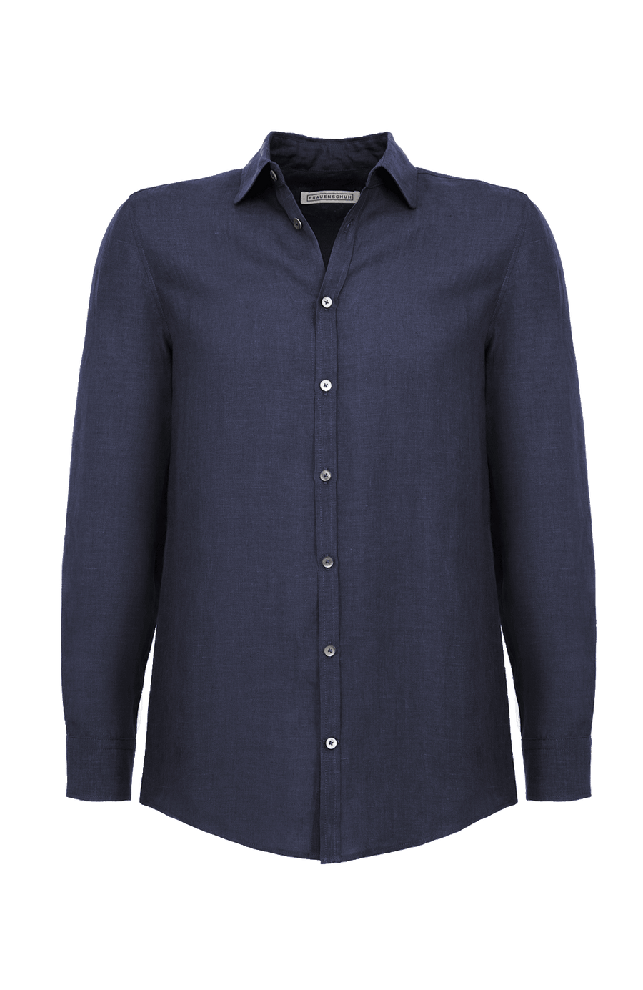 „Herrenhemd aus Leinen in der Farbe dunkelblau, Modell Julian, frontal fotografiert