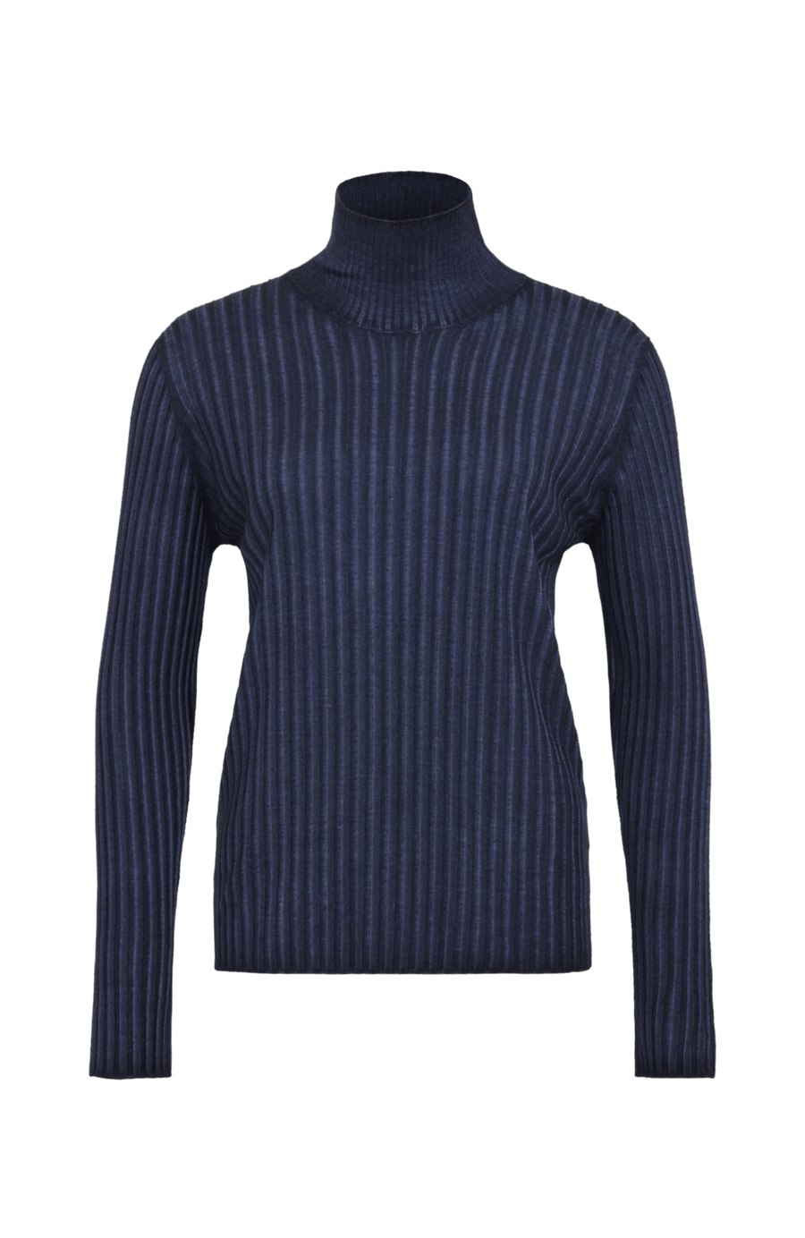 Lockerer Damen-Rollkragenpullover in Dunkelblau (Farbe midnight, Modell 533601 MarleenDyed-RB, aus weicher Baumwollmischung, zeigt das elegante Design und die feine Strickstruktur – ideal für kühle Tage und vielseitig kombinierbar