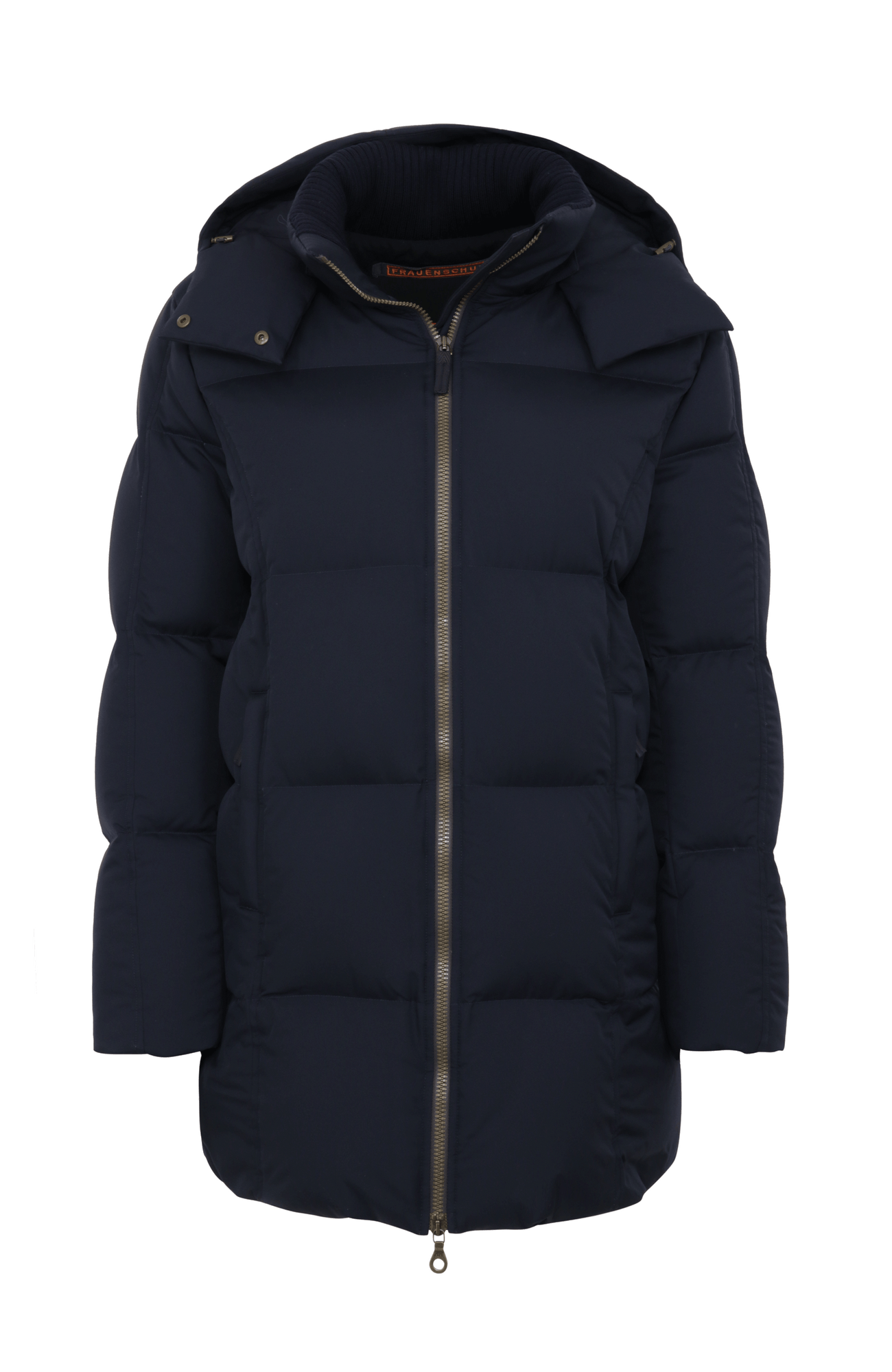 Frauenschuh Damen-Parka mit Daunenfüllung, Modell 723726 Chelsey-LIN in Midnight, Vorderansicht, abnehmbare Kapuze, gerade Passform, luxuriöses Materialfinish.