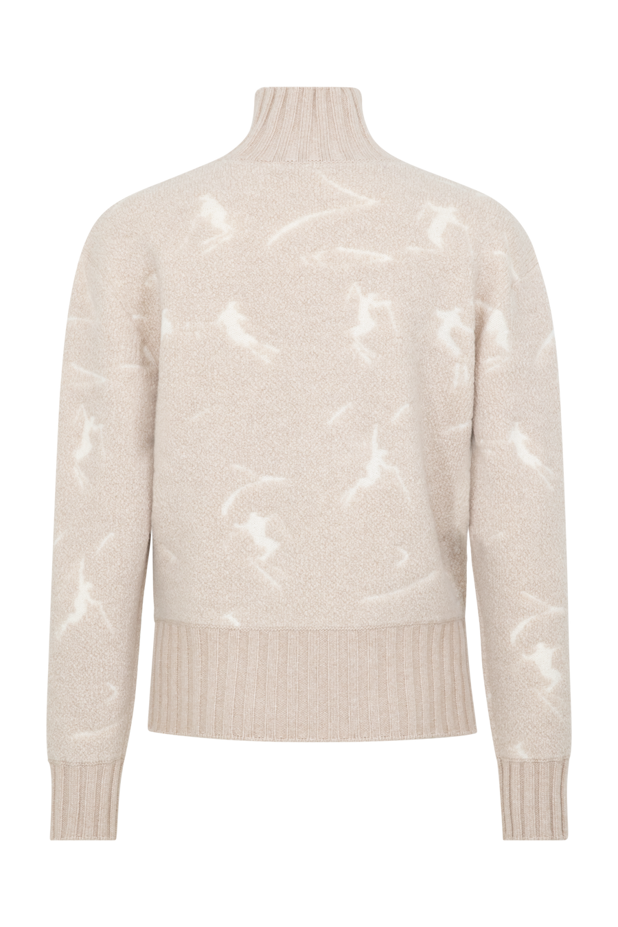Frauenschuh Rollkragenpullover Tina Multi ME Modell 135544 in Pearl, Rueckansicht, mit farbintensivem Skifahrermotiv, Merinowolle, legere Passform