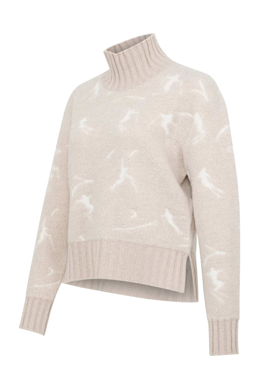 Frauenschuh Rollkragenpullover Tina Multi ME Modell 135544 in Pearl, Seitenansicht, mit farbintensivem Skifahrermotiv, Merinowolle, legere Passform