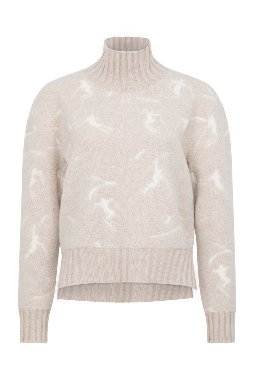Frauenschuh Rollkragenpullover Tina Multi ME Modell 135544 in Pearl, Vorderansicht, mit farbintensivem Skifahrermotiv, Merinowolle, legere Passform