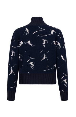 Frauenschuh Rollkragenpullover Tina Multi ME Modell 135544 in Midnight, Rueckansicht, mit farbintensivem Skifahrermotiv, Merinowolle, legere Passform