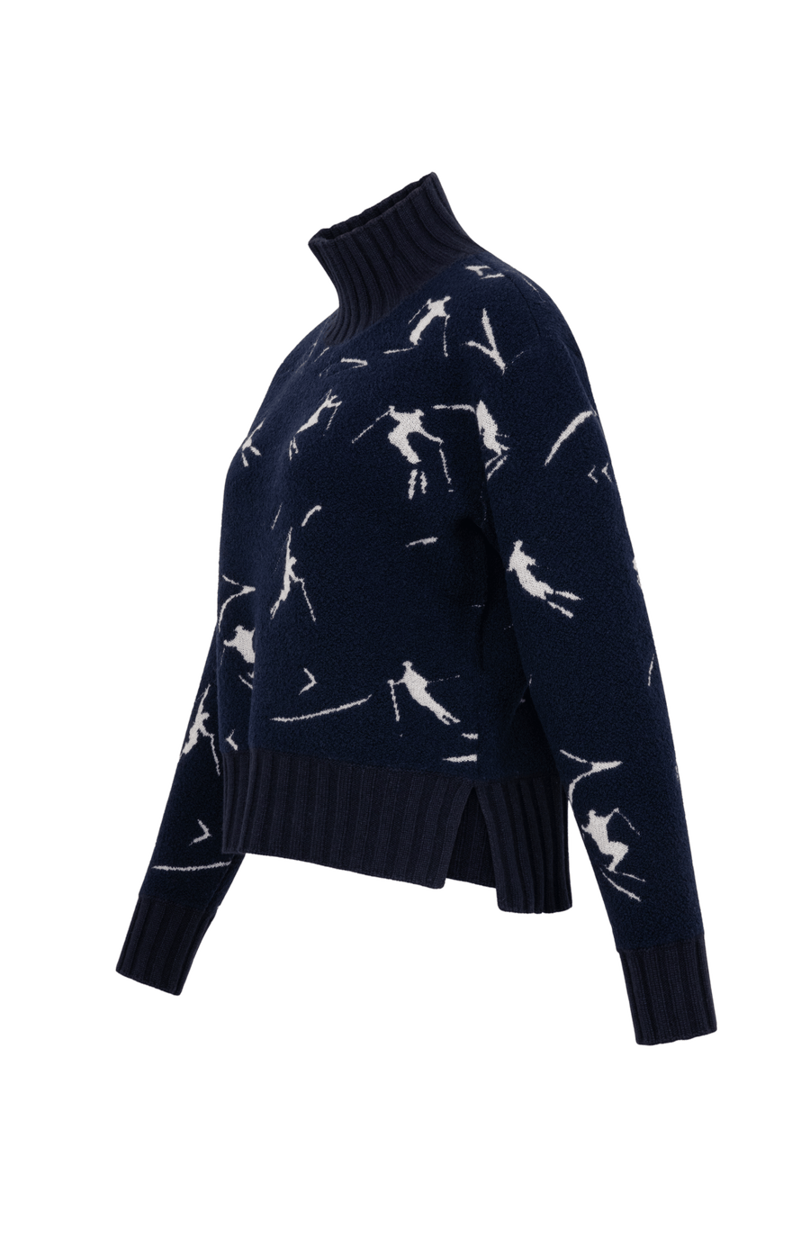 Frauenschuh Rollkragenpullover Tina Multi ME Modell 135544 in Midnight, Seitenansicht, mit farbintensivem Skifahrermotiv, Merinowolle, legere Passform