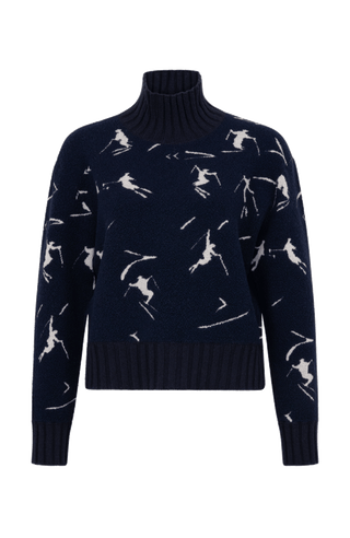 Frauenschuh Rollkragenpullover Tina Multi ME Modell 135544 in Midnight, Vorderansicht, mit farbintensivem Skifahrermotiv, Merinowolle, legere Passform