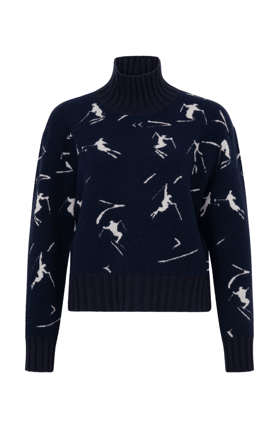 Frauenschuh Rollkragenpullover Tina Multi ME Modell 135544 in Midnight, Vorderansicht, mit farbintensivem Skifahrermotiv, Merinowolle, legere Passform