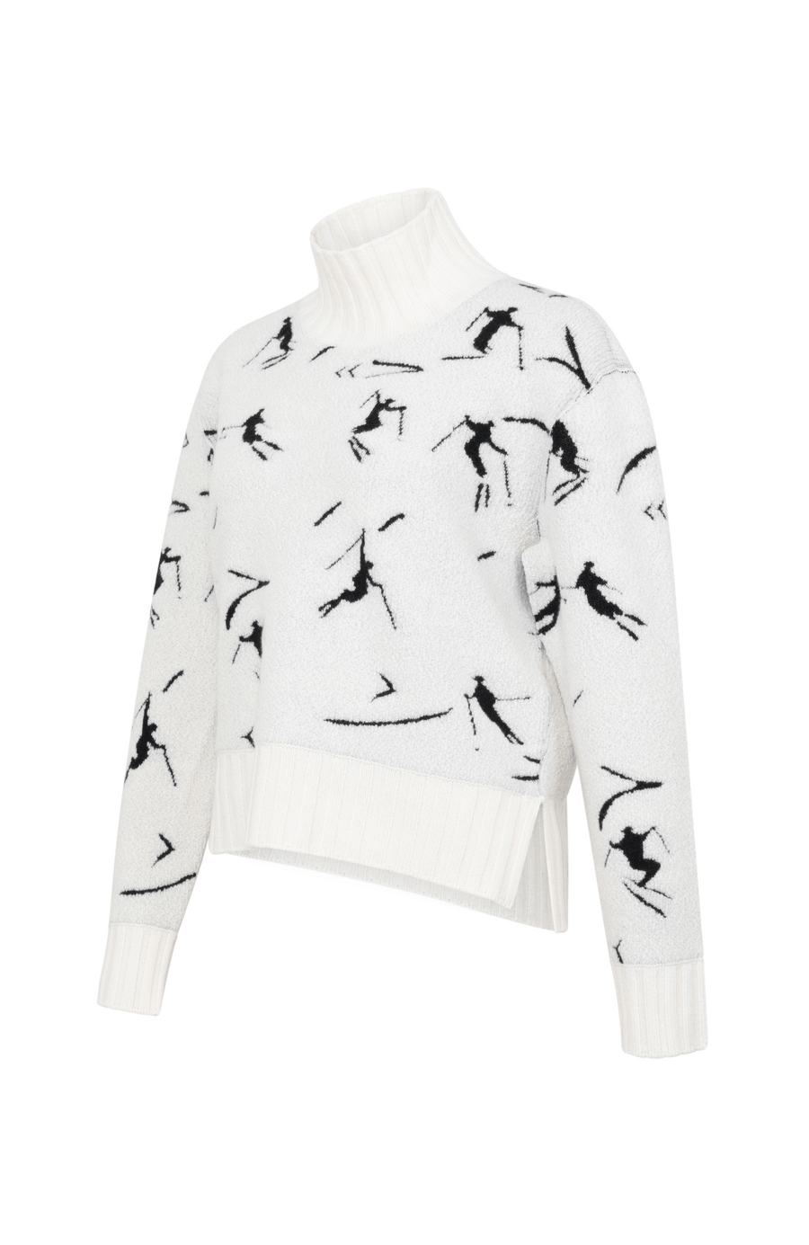 Frauenschuh Rollkragenpullover Tina Multi ME Modell 135544 in Creme, Seitenansicht, mit farbintensivem Skifahrermotiv, Merinowolle, legere Passform