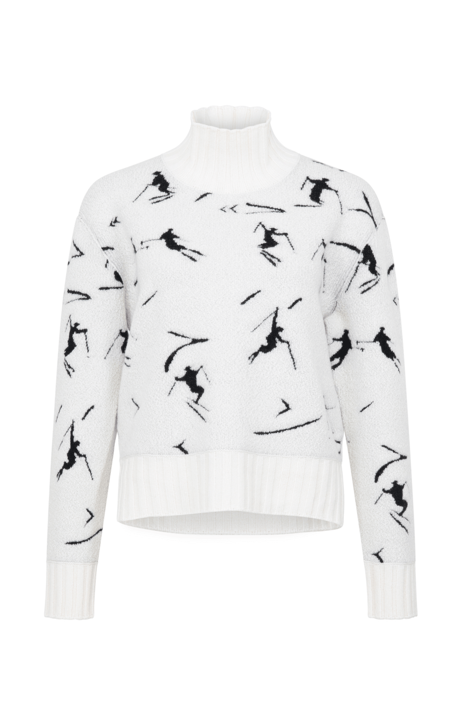 Frauenschuh Rollkragenpullover Tina Multi ME Modell 135544 in Creme, Vorderansicht, mit farbintensivem Skifahrermotiv, Merinowolle, legere Passform