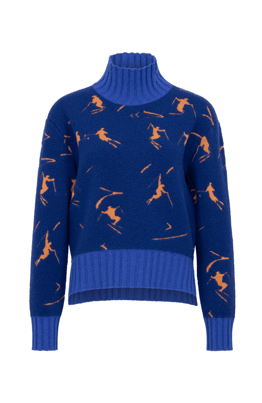 Frauenschuh Rollkragenpullover Tina Multi ME Modell 135544 in Alaskablue, Vorderansicht, mit farbintensivem Skifahrermotiv, Merinowolle, legere Passform
