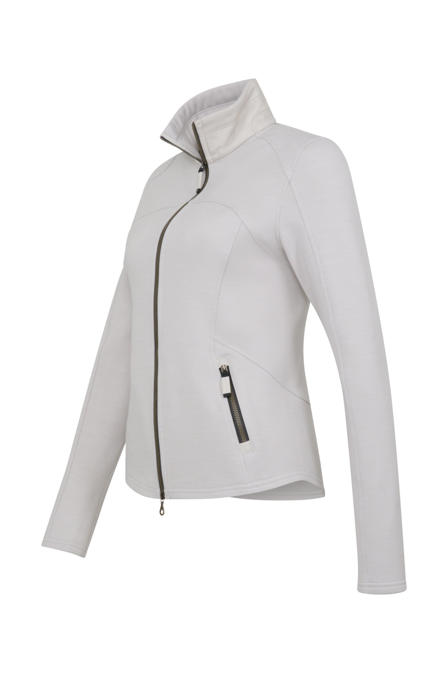 Sportjacke aus Wool Powerstretch in der Farbe Sandstone (Modell 562624_Jana-PSW),Seitenansicht – figurbetonte Passform, durchgehender Reißverschluss und hoher Kragen