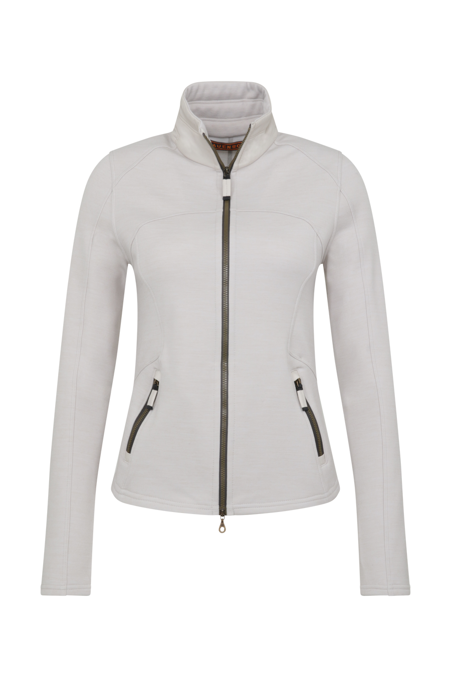 Sportjacke aus Wool Powerstretch in der Farbe Sandstone (Modell 562624_Jana-PSW), Vorderansicht – figurbetonte Passform, durchgehender Reißverschluss und hoher Kragen