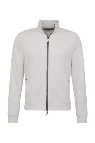 Sportliche Herrenjacke aus Wool Powerstretch in der Farbe sandstone (Modell 613624_Cooper-PSW), Vorderansicht– taillierter Schnitt, hoher Kragen und durchgehender Reißverschluss. Frauenschuh – made in Austria.icht