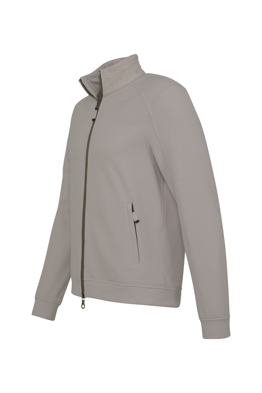 Sportliche Herrenjacke aus Wool Powerstretch in der Farbe cashmere (Modell 613624_Cooper-PSW), Seitenansicht– taillierter Schnitt, hoher Kragen und durchgehender Reißverschluss. Frauenschuh – made in Austria.