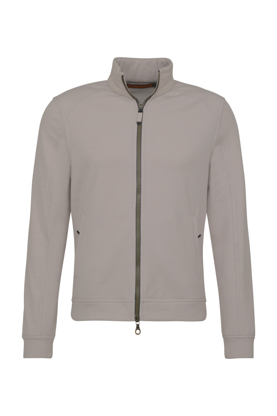 Sportliche Herrenjacke aus Wool Powerstretch in der Farbe cashmere (Modell 613624_Cooper-PSW), Vorderansicht– taillierter Schnitt, hoher Kragen und durchgehender Reißverschluss. Frauenschuh – made in Austria.