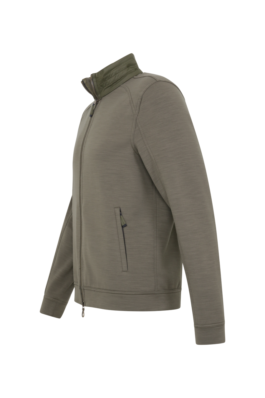 Sportliche Herrenjacke aus Wool Powerstretch in der Farbe Ivy (Modell 613624_Cooper-PSW), Seitenansicht– taillierter Schnitt, hoher Kragen und durchgehender Reißverschluss. Frauenschuh – made in Austria.