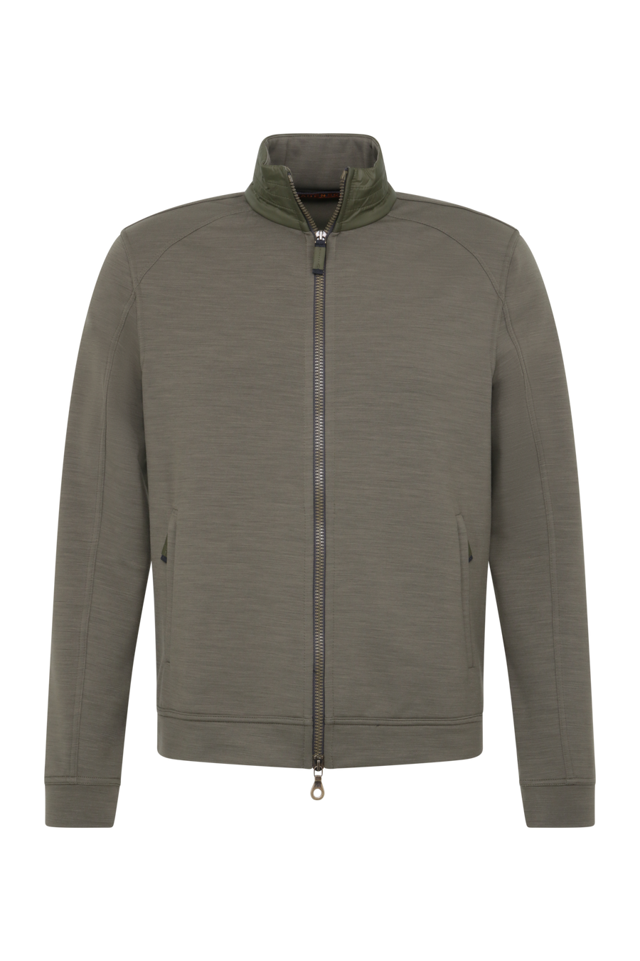 Sportliche Herrenjacke aus Wool Powerstretch in der Farbe Ivy (Modell 613624_Cooper-PSW), Vorderansicht – taillierter Schnitt, hoher Kragen und durchgehender Reißverschluss. Frauenschuh – made in Austria.