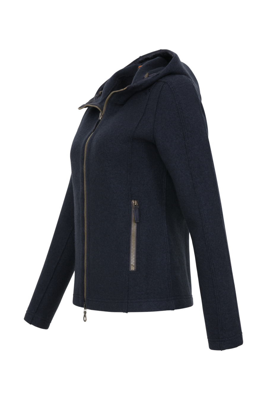 Sportliche Damen-Walkjacke mit Kapuze von Frauenschuh in Midnight (Modell 506129 Rania-CW), Seitenansicht. Made in Austria
