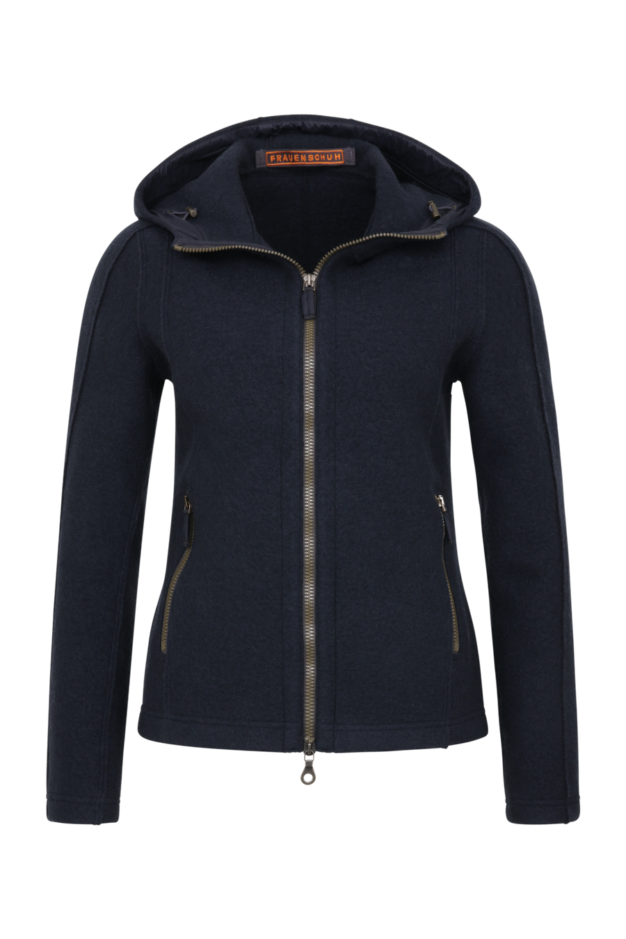 Sportliche Damen-Walkjacke mit Kapuze von Frauenschuh in Midnight (Modell 506129 Rania-CW), Vorderansicht. Made in Austria