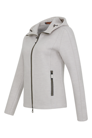 Sportliche Damen-Walkjacke mit Kapuze von Frauenschuh in sandstone (Modell 506129 Rania-CW), Seitenansicht. Made in Austria