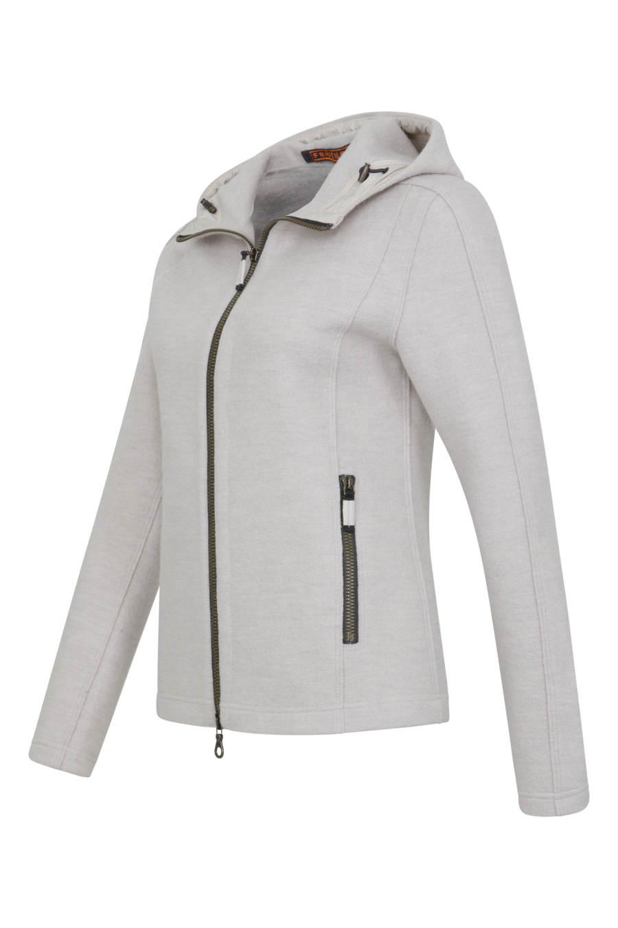 Sportliche Damen-Walkjacke mit Kapuze von Frauenschuh in sandstone (Modell 506129 Rania-CW), Seitenansicht. Made in Austria
